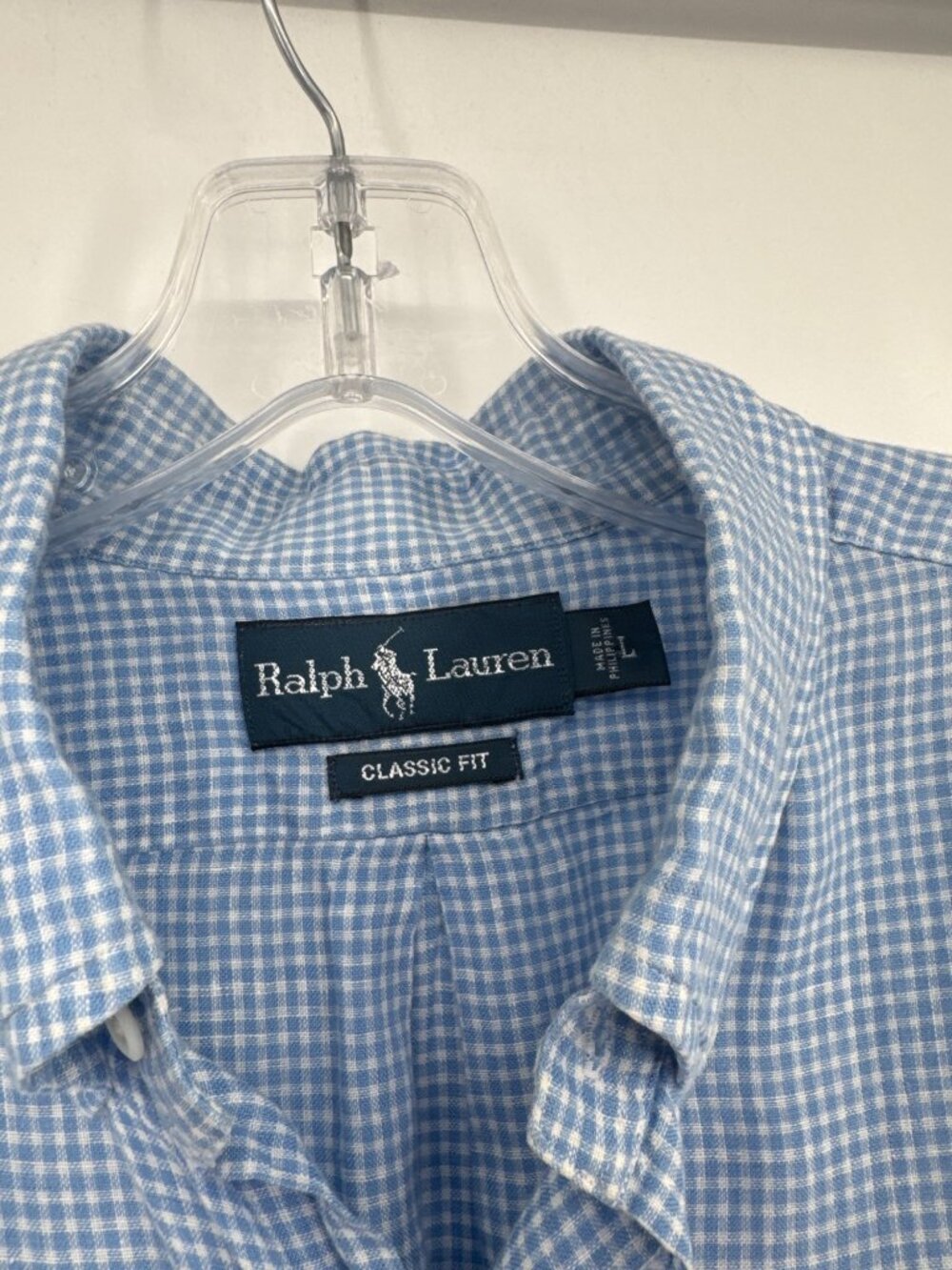 Ralph Lauren Mens Classic Fit Blue Gingham 100% Linen Shirt Size Large - Picture 2 of 6